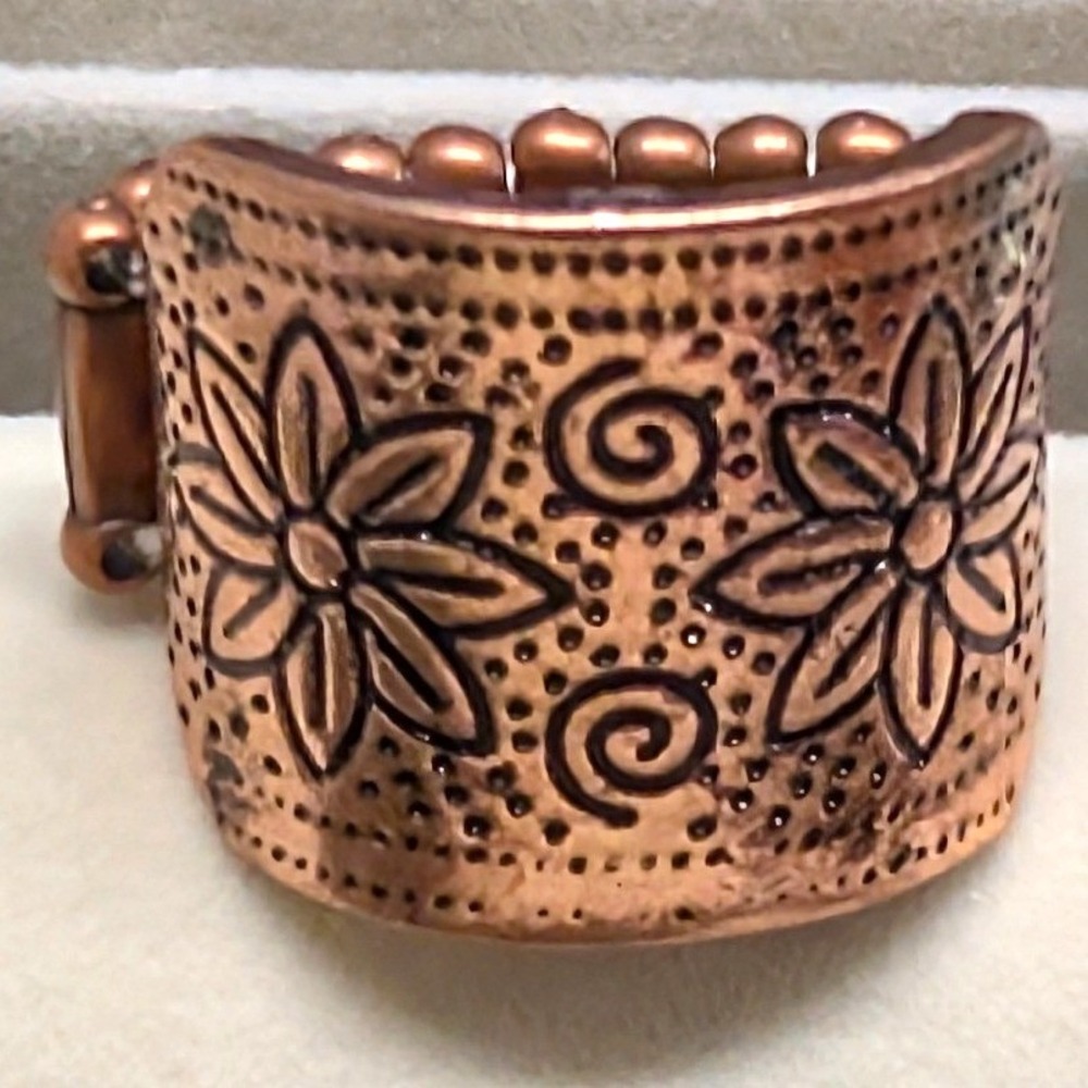 New Wide Floral Etched Copper Tone Band Stretch Ring Flowers Boho Southwestern